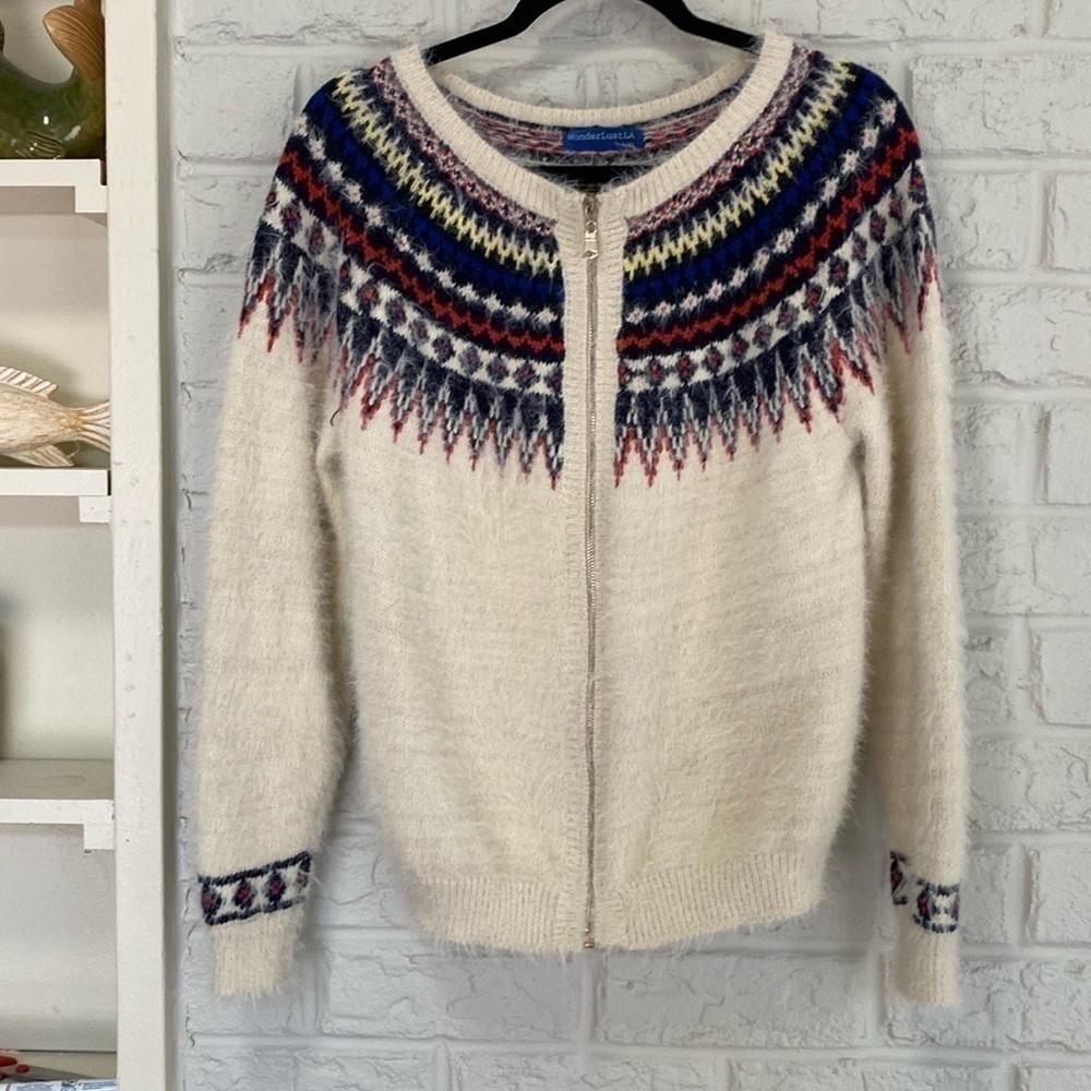 Wonderlust USA Fair Isle Style Gold Zipper Cardigan size L/XL